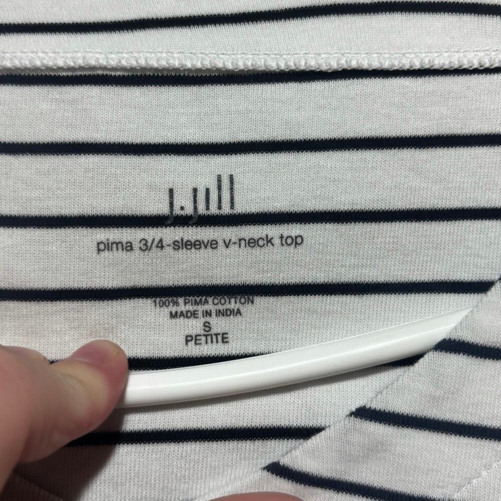 J.Jill Pima Cotton Stripe V-Neck Top Small Petite 3/4 Sleeve Black White Tee - Picture 3 of 8